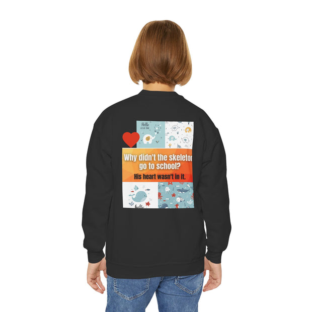 Youth Crewneck Sweatshirt — Inspirational Quote & Funny Kids’ Skeleton Joke Print