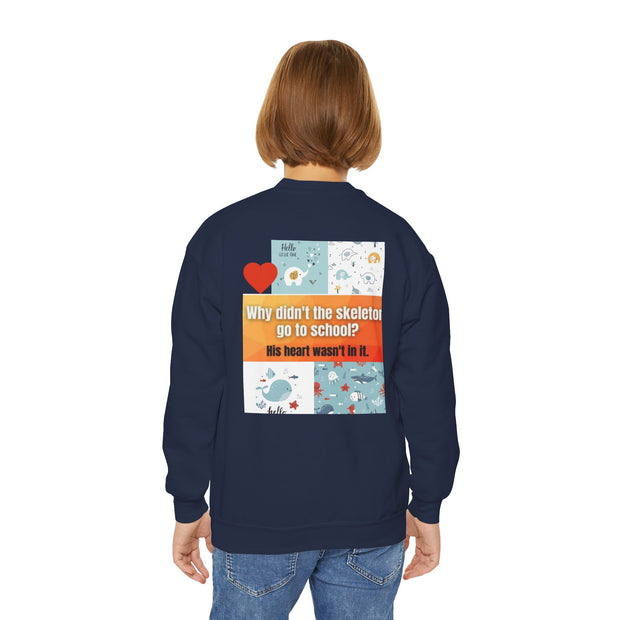Youth Crewneck Sweatshirt — Inspirational Quote & Funny Kids’ Skeleton Joke Print