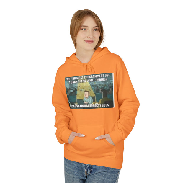 Minecraft Meme Hoodie — “Why Do Most Programmers Use Dark Themes? Because Light Attracts Bugs.”