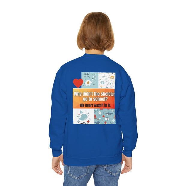 Youth Crewneck Sweatshirt — Inspirational Quote & Funny Kids’ Skeleton Joke Print