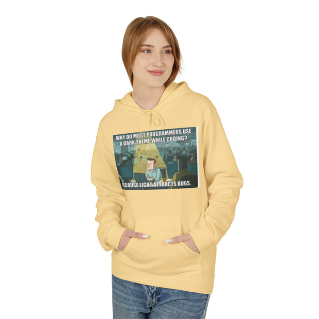 Minecraft Meme Hoodie — “Why Do Most Programmers Use Dark Themes? Because Light Attracts Bugs.”