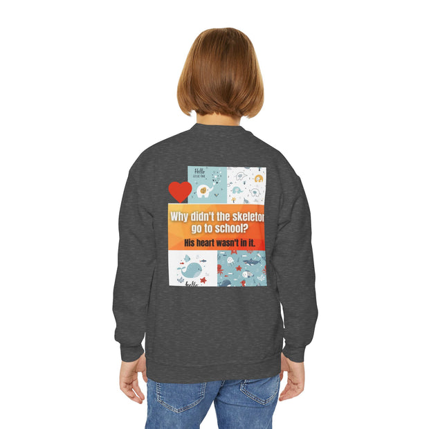 Youth Crewneck Sweatshirt — Inspirational Quote & Funny Kids’ Skeleton Joke Print
