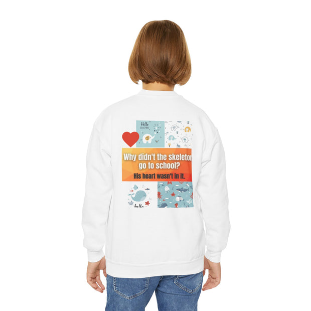 Youth Crewneck Sweatshirt — Inspirational Quote & Funny Kids’ Skeleton Joke Print