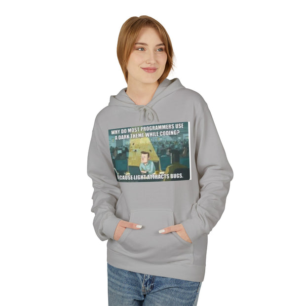 Minecraft Meme Hoodie — “Why Do Most Programmers Use Dark Themes? Because Light Attracts Bugs.”