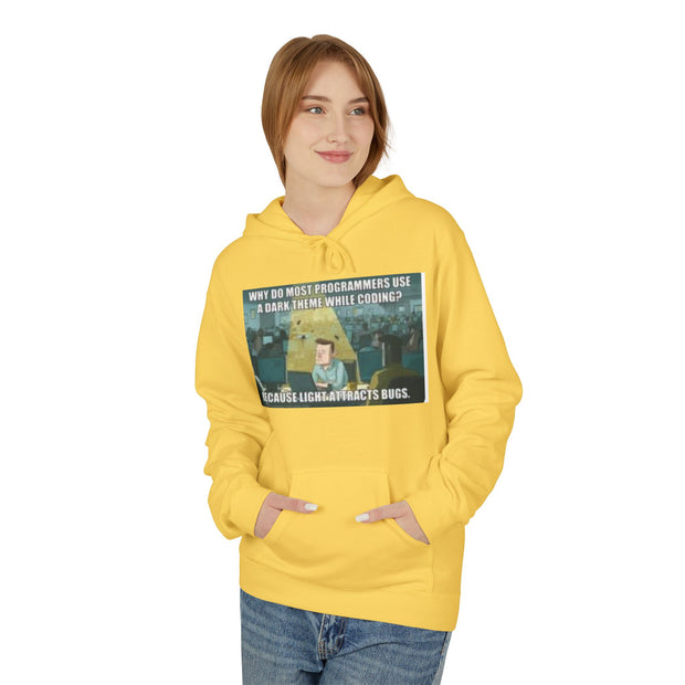 Minecraft Meme Hoodie — “Why Do Most Programmers Use Dark Themes? Because Light Attracts Bugs.”