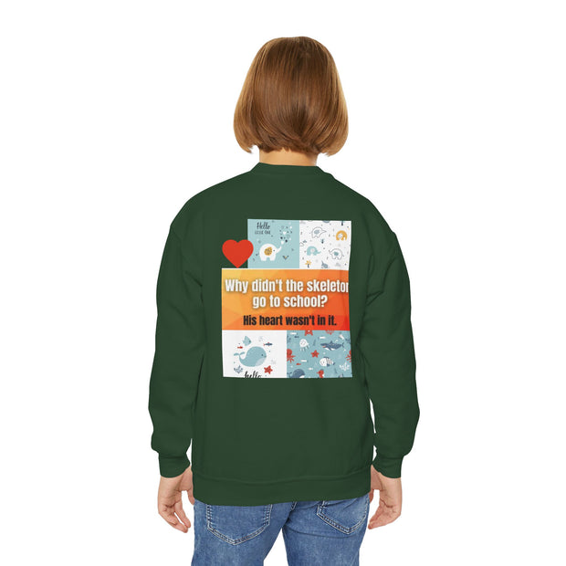 Youth Crewneck Sweatshirt — Inspirational Quote & Funny Kids’ Skeleton Joke Print