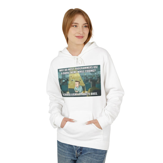 Minecraft Meme Hoodie — “Why Do Most Programmers Use Dark Themes? Because Light Attracts Bugs.”